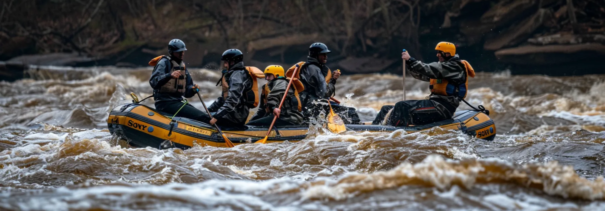 a group of rafters assessing the rapids ahead, checking their surroundings before embarking on the adventure.