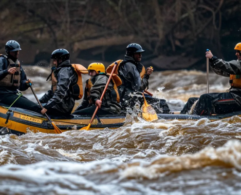 a group of rafters assessing the rapids ahead, checking their surroundings before embarking on the adventure.