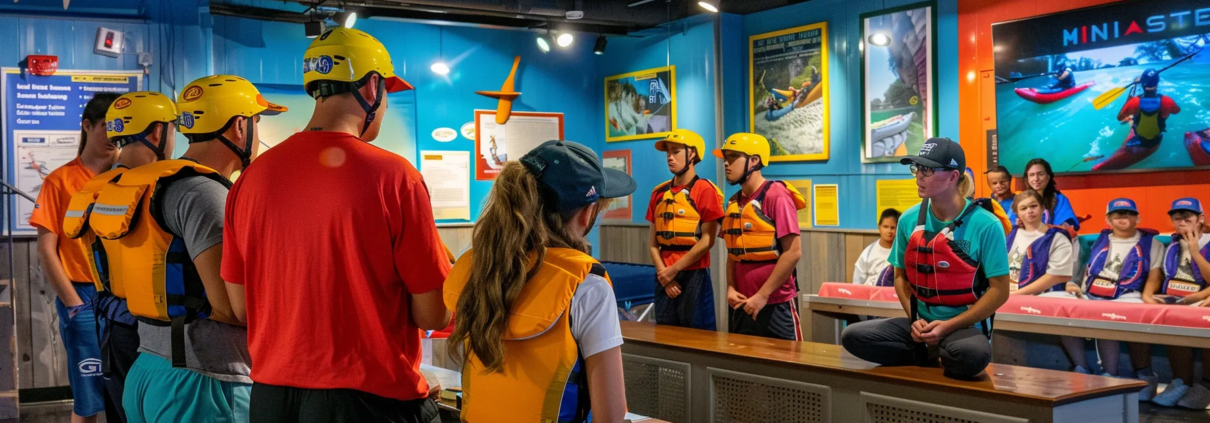 a vibrant indoor rafting instruction room, featuring a diverse group of adventurous tourists attentively engaging with an experienced guide as they review safety protocols and equipment for ocoee river rafting tours, under bright, focused lighting.