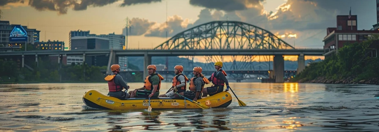 a dynamic urban scene capturing rafters in modern gear attentively discussing essential safety tips while surrounded by the architectural backdrop of chattanooga's skyline.