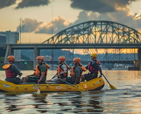 a dynamic urban scene capturing rafters in modern gear attentively discussing essential safety tips while surrounded by the architectural backdrop of chattanooga's skyline.