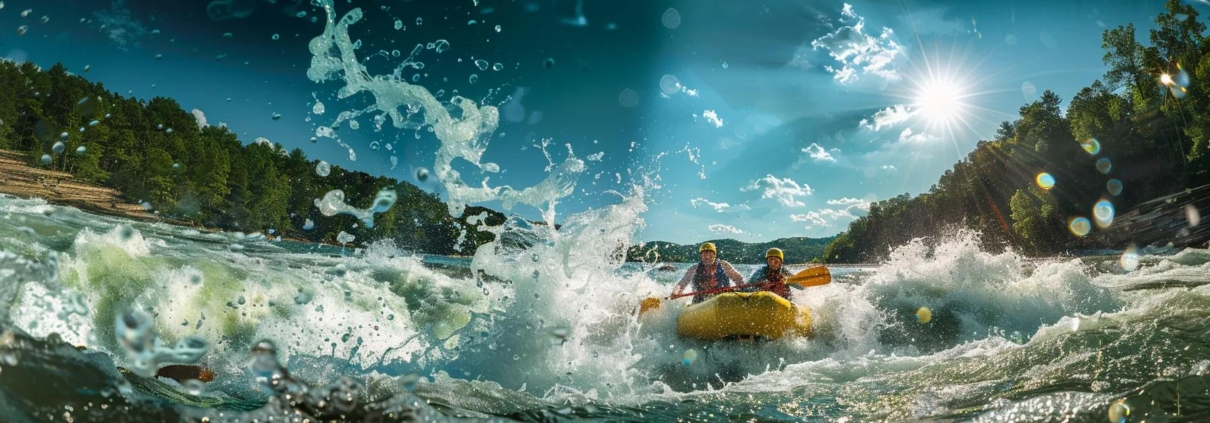 a dynamic scene featuring a group of excited rafters navigating the thrilling rapids of the ocoee river, with vibrant waves splashing against their colorful inflatable raft under a bright, clear sky.