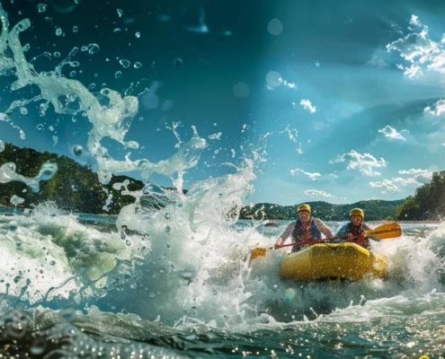 a dynamic scene featuring a group of excited rafters navigating the thrilling rapids of the ocoee river, with vibrant waves splashing against their colorful inflatable raft under a bright, clear sky.