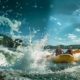 a dynamic scene featuring a group of excited rafters navigating the thrilling rapids of the ocoee river, with vibrant waves splashing against their colorful inflatable raft under a bright, clear sky.