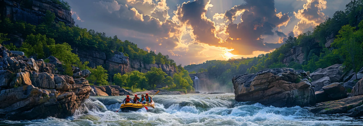 a dynamic scene capturing a group of adrenaline-fueled rafters navigating the roaring whitewater rapids of a tennessee river, surrounded by rugged rock formations and a vibrant summer sky.