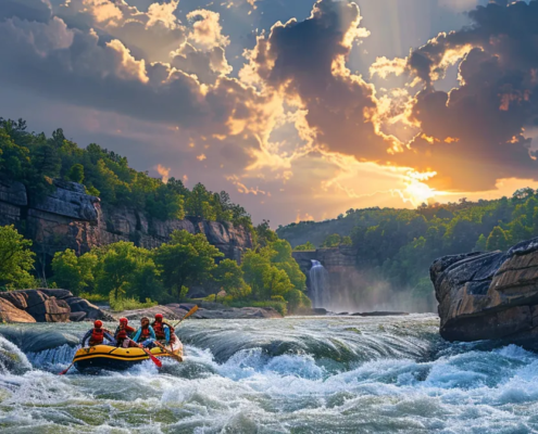 a dynamic scene capturing a group of adrenaline-fueled rafters navigating the roaring whitewater rapids of a tennessee river, surrounded by rugged rock formations and a vibrant summer sky.