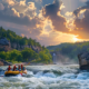 a dynamic scene capturing a group of adrenaline-fueled rafters navigating the roaring whitewater rapids of a tennessee river, surrounded by rugged rock formations and a vibrant summer sky.