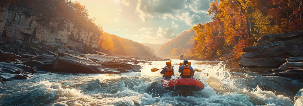 a dynamic scene captures a group of adventurers navigating through a thrilling white water rafting experience on the vibrant, rushing rivers of tennessee, with splashes of water highlighting the excitement against a backdrop of rugged cliffs and an invigorating autumn sky.