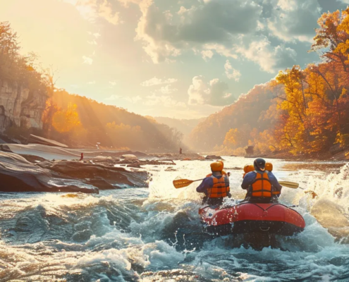 a dynamic scene captures a group of adventurers navigating through a thrilling white water rafting experience on the vibrant, rushing rivers of tennessee, with splashes of water highlighting the excitement against a backdrop of rugged cliffs and an invigorating autumn sky.