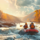 a dynamic scene captures a group of adventurers navigating through a thrilling white water rafting experience on the vibrant, rushing rivers of tennessee, with splashes of water highlighting the excitement against a backdrop of rugged cliffs and an invigorating autumn sky.