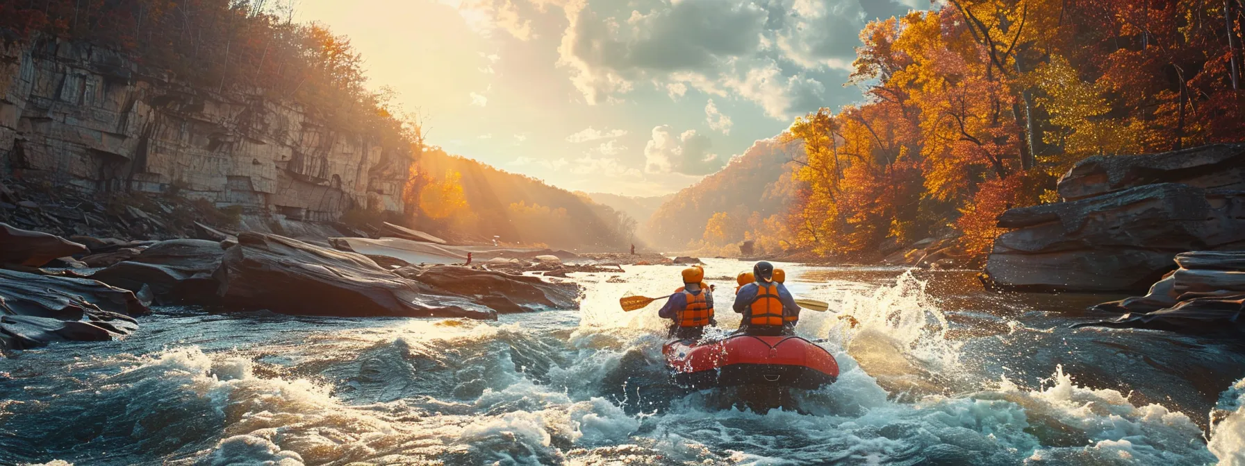 a dynamic scene captures a group of adventurers navigating through a thrilling white water rafting experience on the vibrant, rushing rivers of tennessee, with splashes of water highlighting the excitement against a backdrop of rugged cliffs and an invigorating autumn sky.