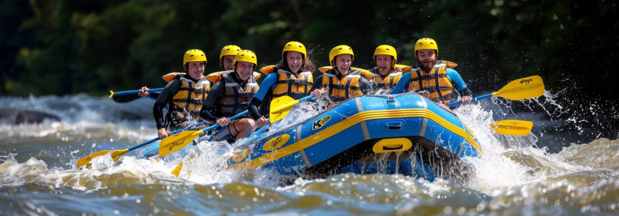 a thrilling rafting expedition unfolds on the turbulent waters of the middle ocoee river, showcasing a diverse group of adventurers navigating the frothy rapids in vibrant inflatable rafts, amidst a backdrop of rugged riverbanks and dynamic water splashes.