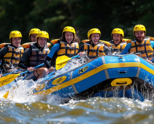 a thrilling rafting expedition unfolds on the turbulent waters of the middle ocoee river, showcasing a diverse group of adventurers navigating the frothy rapids in vibrant inflatable rafts, amidst a backdrop of rugged riverbanks and dynamic water splashes.