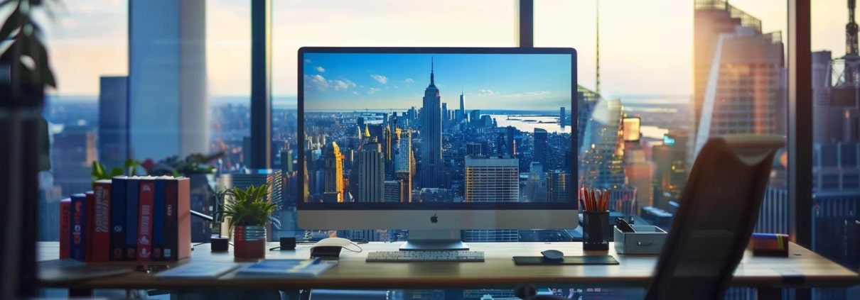 a modern, well-organized office workspace features a sleek computer screen displaying a vibrant and user-friendly online rafting booking interface, with a city skyline visible through a large window in the background.