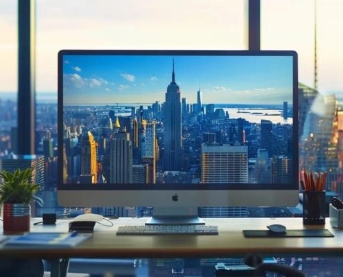 a modern, well-organized office workspace features a sleek computer screen displaying a vibrant and user-friendly online rafting booking interface, with a city skyline visible through a large window in the background.