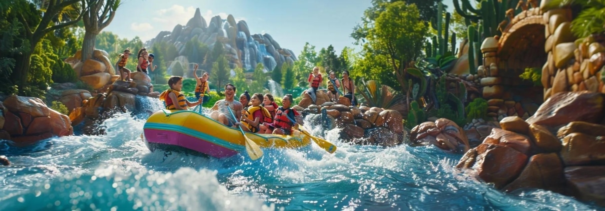 a vibrant, family-centric rafting scene captures laughter and excitement as a colorful raft navigates dynamic river rapids, surrounded by enthusiastic participants in life jackets, set against a lively outdoor adventure backdrop.