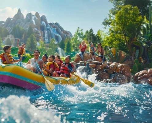 a vibrant, family-centric rafting scene captures laughter and excitement as a colorful raft navigates dynamic river rapids, surrounded by enthusiastic participants in life jackets, set against a lively outdoor adventure backdrop.