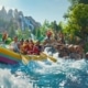 a vibrant, family-centric rafting scene captures laughter and excitement as a colorful raft navigates dynamic river rapids, surrounded by enthusiastic participants in life jackets, set against a lively outdoor adventure backdrop.