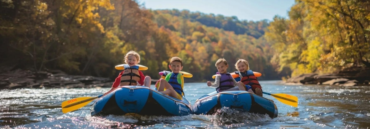 experience the thrill of family-friendly rafting in tennessee, where brightly colored inflatable rafts glide over sparkling blue waters, surrounded by a backdrop of rolling hills and vibrant autumn foliage. lively children, with exuberant smiles, eagerly hold paddles as they navigate through gentle rapids. the scene captures a sun-drenched riverbank with clear skies overhead, enhanced by the cheerful splashes of water reflecting the sunlight. each raft features distinct designs, showcasing the fun, adventurous spirit of family outings. this engaging moment is framed from a low angle, emphasizing the motion of the rafts and the excitement of the participants. shot with a sony a6100 using a sony e pz 18-105mm f4 g oss lens, the composition incorporates bright, vivid colors against a crisp, azure sky, with natural sunlight providing a warm glow, creating an inviting atmosphere for families.