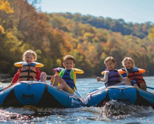 experience the thrill of family-friendly rafting in tennessee, where brightly colored inflatable rafts glide over sparkling blue waters, surrounded by a backdrop of rolling hills and vibrant autumn foliage. lively children, with exuberant smiles, eagerly hold paddles as they navigate through gentle rapids. the scene captures a sun-drenched riverbank with clear skies overhead, enhanced by the cheerful splashes of water reflecting the sunlight. each raft features distinct designs, showcasing the fun, adventurous spirit of family outings. this engaging moment is framed from a low angle, emphasizing the motion of the rafts and the excitement of the participants. shot with a sony a6100 using a sony e pz 18-105mm f4 g oss lens, the composition incorporates bright, vivid colors against a crisp, azure sky, with natural sunlight providing a warm glow, creating an inviting atmosphere for families.