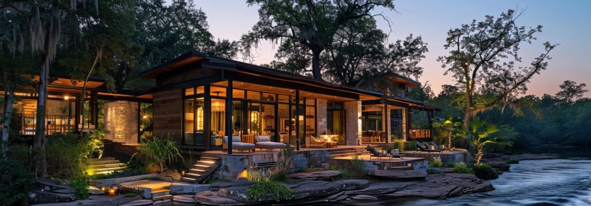 discover an opulent riverside retreat showcasing luxurious stays near the ocoee river, where elegantly designed cabins with expansive glass facades mirror the shimmering waters, and plush outdoor lounges are adorned with rich textiles and statement lighting. the scene captures a bright afternoon glow, inviting guests to experience leisure and comfort in this exquisite setting. vibrant pops of color from tailored décor contrast against a backdrop of modern architecture, while the smooth river’s current offers a sense of tranquility. shot from a slightly elevated perspective to convey grandeur, the image utilizes natural light with a warm color palette, emphasizing sophistication. imagine this captivating composition captured with a canon eos r5 and a canon rf 24-70mm f2.8l lens, utilizing a dynamic range and ai-enhanced focus to showcase the pristine elegance of the luxury stay.