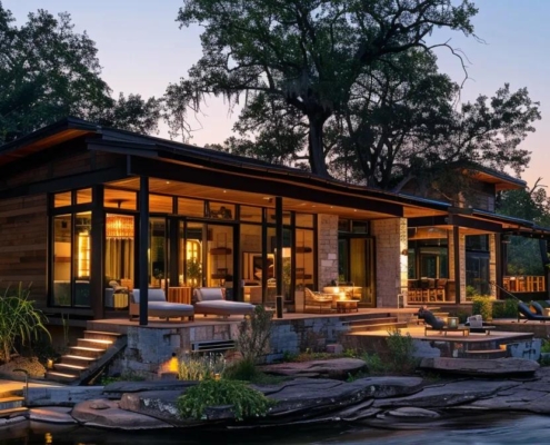 discover an opulent riverside retreat showcasing luxurious stays near the ocoee river, where elegantly designed cabins with expansive glass facades mirror the shimmering waters, and plush outdoor lounges are adorned with rich textiles and statement lighting. the scene captures a bright afternoon glow, inviting guests to experience leisure and comfort in this exquisite setting. vibrant pops of color from tailored décor contrast against a backdrop of modern architecture, while the smooth river’s current offers a sense of tranquility. shot from a slightly elevated perspective to convey grandeur, the image utilizes natural light with a warm color palette, emphasizing sophistication. imagine this captivating composition captured with a canon eos r5 and a canon rf 24-70mm f2.8l lens, utilizing a dynamic range and ai-enhanced focus to showcase the pristine elegance of the luxury stay.
