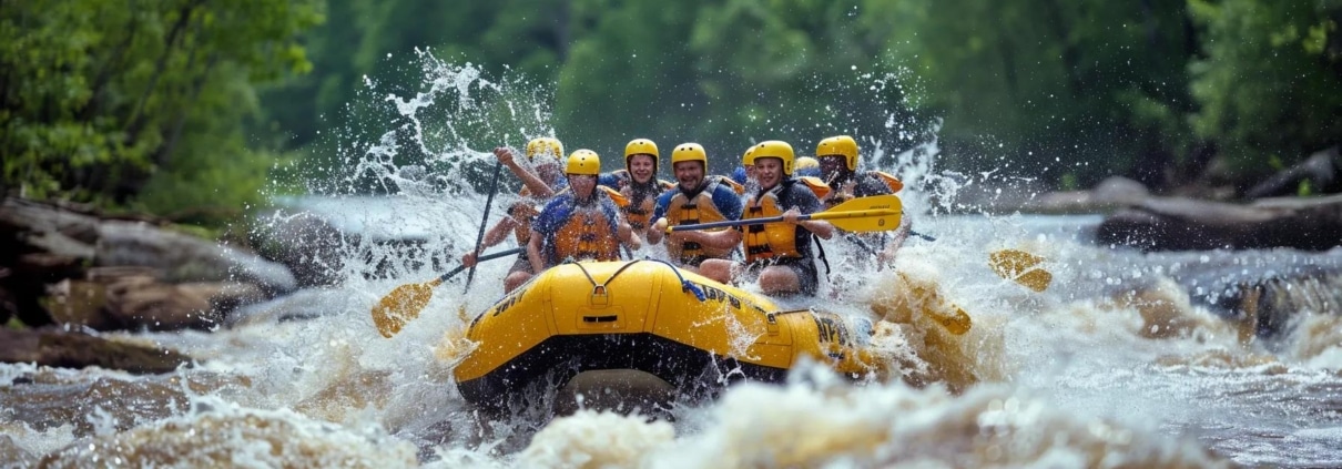 a dynamic scene captures a vibrant group of adventurous rafters navigating through roaring whitewater rapids in tennessee, with towering rock formations and an intense cascade of water splashing around them, highlighting the thrill of an unforgettable overnight rafting trip.