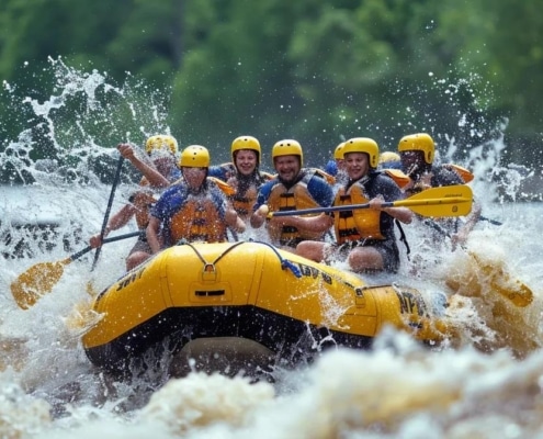 a dynamic scene captures a vibrant group of adventurous rafters navigating through roaring whitewater rapids in tennessee, with towering rock formations and an intense cascade of water splashing around them, highlighting the thrill of an unforgettable overnight rafting trip.