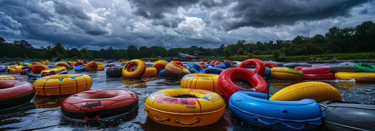 a bustling riverside tubing rental hub showcases vibrant inflatable tubes ready for adventure, with a dramatic sky overhead reflecting the recent rain, hinting at the optimal river conditions for thrilling excursions.