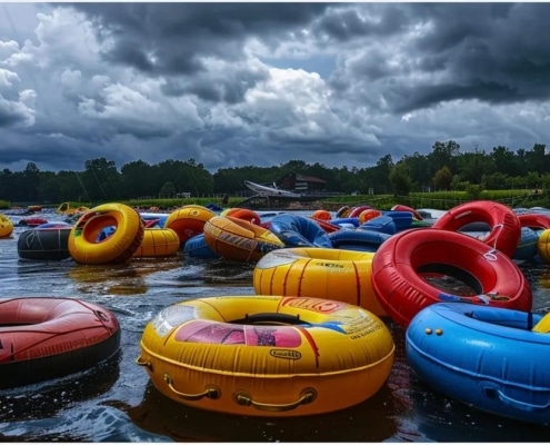 a bustling riverside tubing rental hub showcases vibrant inflatable tubes ready for adventure, with a dramatic sky overhead reflecting the recent rain, hinting at the optimal river conditions for thrilling excursions.