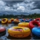 a bustling riverside tubing rental hub showcases vibrant inflatable tubes ready for adventure, with a dramatic sky overhead reflecting the recent rain, hinting at the optimal river conditions for thrilling excursions.