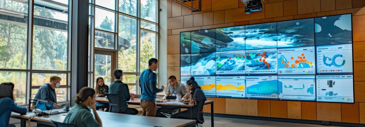a dynamic office setting featuring a large digital display screen with flowing graph animations illustrating the ocoee river's flow rates, surrounded by focused professionals discussing rafting strategies.