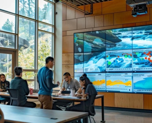 a dynamic office setting featuring a large digital display screen with flowing graph animations illustrating the ocoee river's flow rates, surrounded by focused professionals discussing rafting strategies.