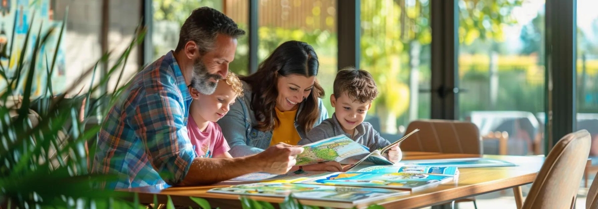 a cheerful chattanooga family is gathered around a table in a cozy, modern office space, intently reviewing safety brochures and discussing vibrant rafting adventures, exuding a sense of excitement and preparedness.