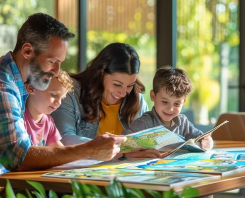 a cheerful chattanooga family is gathered around a table in a cozy, modern office space, intently reviewing safety brochures and discussing vibrant rafting adventures, exuding a sense of excitement and preparedness.