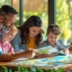 a cheerful chattanooga family is gathered around a table in a cozy, modern office space, intently reviewing safety brochures and discussing vibrant rafting adventures, exuding a sense of excitement and preparedness.