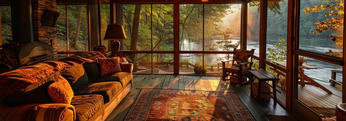 a cozy, rustic vacation rental filled with inviting furnishings, set against a backdrop of the ocoee river’s stunning, flowing waters, highlighting the charm and allure of a perfect getaway.