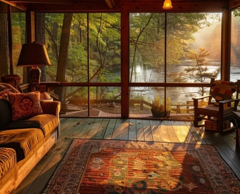 a cozy, rustic vacation rental filled with inviting furnishings, set against a backdrop of the ocoee river’s stunning, flowing waters, highlighting the charm and allure of a perfect getaway.