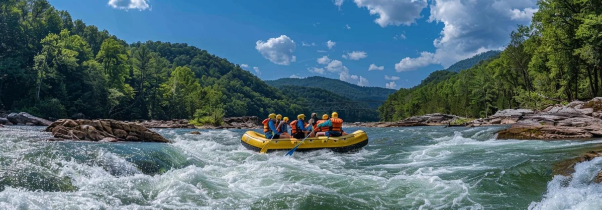 a dynamic whitewater rafting scene on the ocoee river showcases exhilarating rapids under a clear blue sky, capturing the thrill and adventure of labor day weekend.
