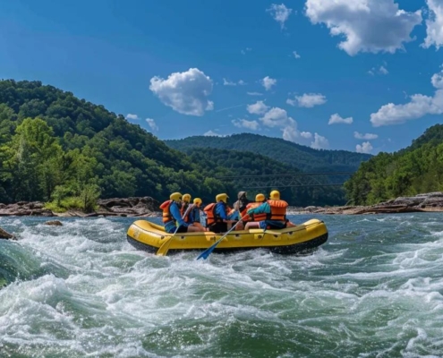 a dynamic whitewater rafting scene on the ocoee river showcases exhilarating rapids under a clear blue sky, capturing the thrill and adventure of labor day weekend.