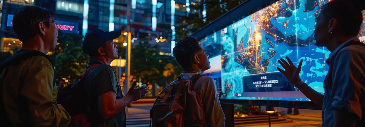 a dynamic urban setting features a group of diverse individuals confidently discussing safety protocols in front of a large digital display showcasing river hazard warnings, illuminated by the bright glow of city lights at dusk.