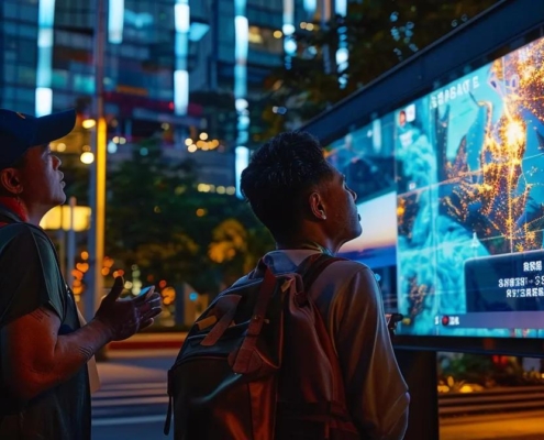 a dynamic urban setting features a group of diverse individuals confidently discussing safety protocols in front of a large digital display showcasing river hazard warnings, illuminated by the bright glow of city lights at dusk.