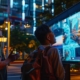 a dynamic urban setting features a group of diverse individuals confidently discussing safety protocols in front of a large digital display showcasing river hazard warnings, illuminated by the bright glow of city lights at dusk.