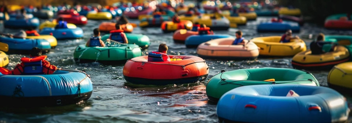a vibrant river tubing adventure scene unfolds with colorful rafts filled with exhilarated adventurers navigating a lively river, framed by safety gear and equipment meticulously arranged on the riverbank for a thrilling yet secure experience.