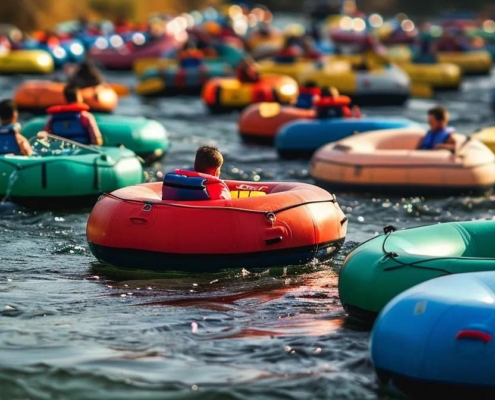 a vibrant river tubing adventure scene unfolds with colorful rafts filled with exhilarated adventurers navigating a lively river, framed by safety gear and equipment meticulously arranged on the riverbank for a thrilling yet secure experience.