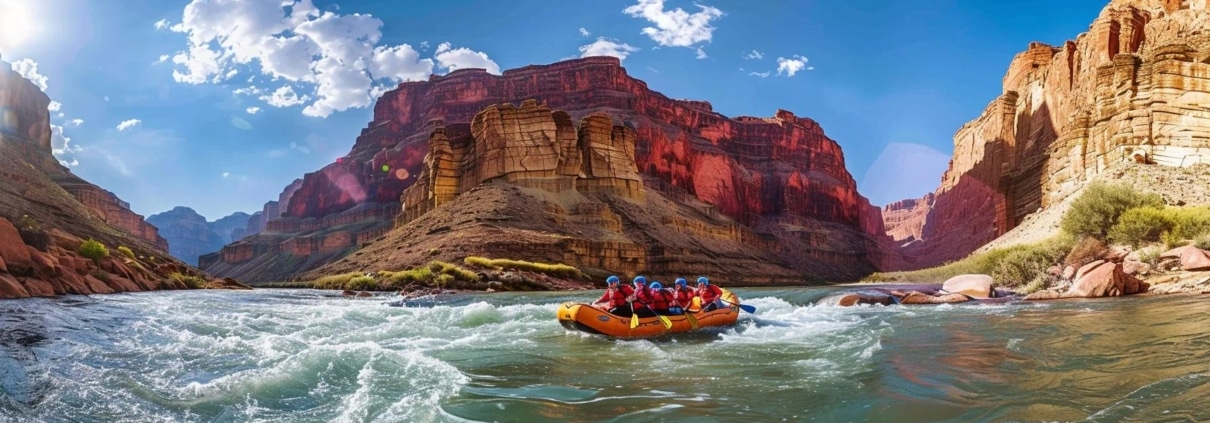 a vibrant, action-packed scene depicting a diverse group of adventurers navigating a thrilling whitewater rafting trip on a wide, rushing river, surrounded by steep canyon walls under a clear blue sky.