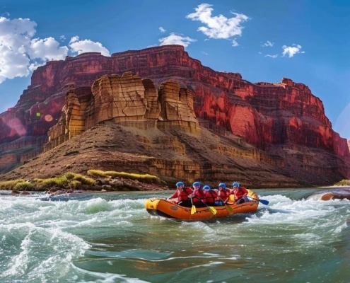 a vibrant, action-packed scene depicting a diverse group of adventurers navigating a thrilling whitewater rafting trip on a wide, rushing river, surrounded by steep canyon walls under a clear blue sky.