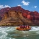 a vibrant, action-packed scene depicting a diverse group of adventurers navigating a thrilling whitewater rafting trip on a wide, rushing river, surrounded by steep canyon walls under a clear blue sky.