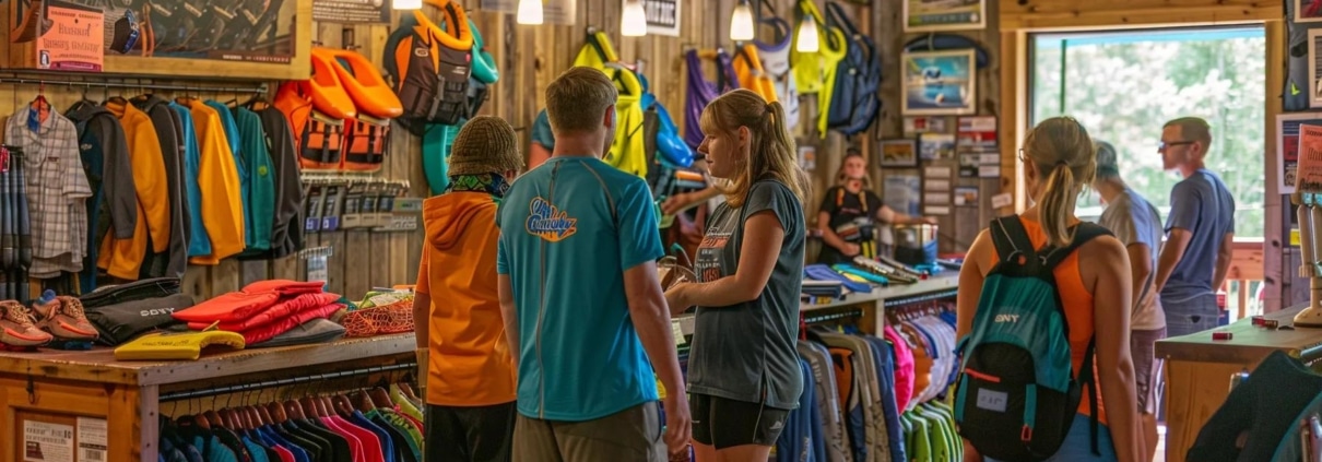 a vibrant, candid scene in a bustling outdoor adventure outfitter shop, showcasing families enthusiastically selecting rafting gear and maps while discussing essential preparation tips for their thrilling middle ocoee rafting trip.
