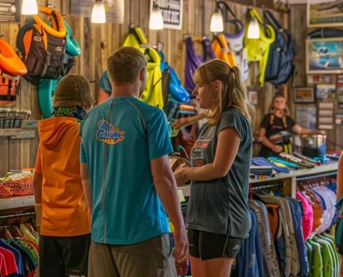 a vibrant, candid scene in a bustling outdoor adventure outfitter shop, showcasing families enthusiastically selecting rafting gear and maps while discussing essential preparation tips for their thrilling middle ocoee rafting trip.